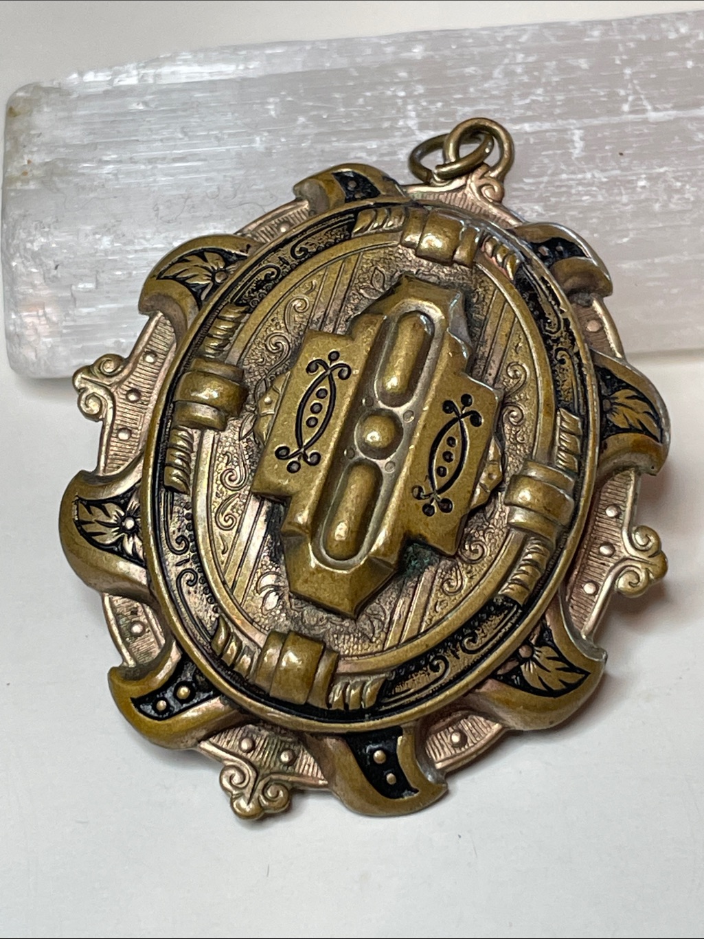 Victorian Revival Gold-Tone Ornate Scrollwork Black Enamel Mourning Locket
